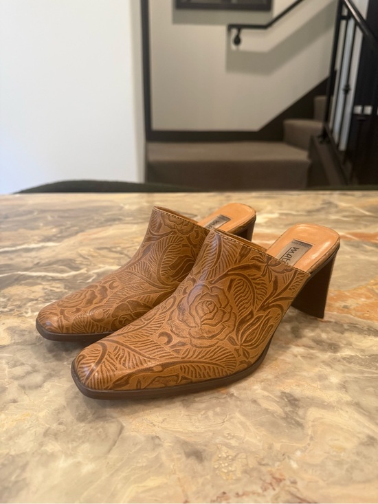 Matisse Shoes - Vintage Matisse Cognac Tooled Leather Square Toe Mule Heels Size 8 Boho Western